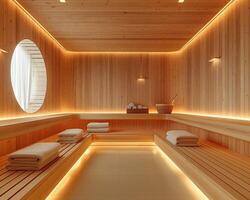 AI Generated Traditional Scandinavian sauna with sleek wood finishes and minimalistic design. photo