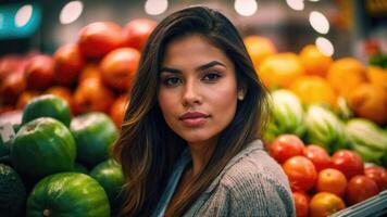 AI generated Beautiful woman in the Fresh Produce Section of the Store photo