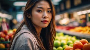 ai generado hermosa mujer en el Fresco Produce sección de el Tienda foto