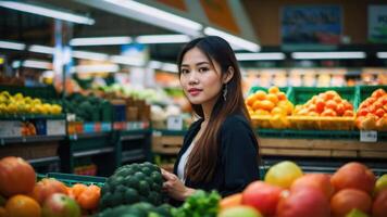 AI generated Beautiful woman in the Fresh Produce Section of the Store photo