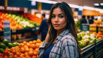 AI generated Beautiful woman in the Fresh Produce Section of the Store photo