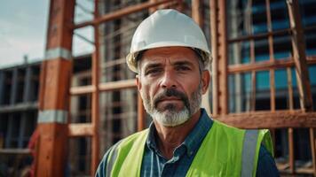 ai generado un hombre en un naranja la seguridad chaleco y difícil sombrero mirando a el construcción sitio foto