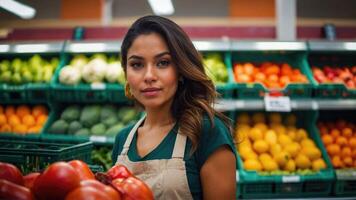 ai generado hermosa mujer en el Fresco Produce sección de el Tienda foto