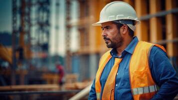 AI generated a man in an orange safety vest and hard hat looking at the construction site photo