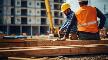 AI generated a man in an orange safety vest and hard hat looking at the construction site photo