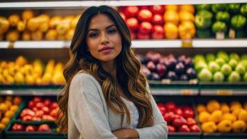 AI generated Beautiful woman in the Fresh Produce Section of the Store photo