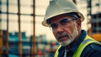 AI generated a man in an orange safety vest and hard hat looking at the construction site photo