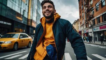 ai generado un hombre con un barba es sonriente y teniendo divertido en el ciudad foto