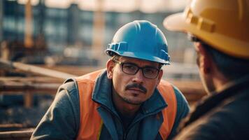 AI generated a man in an orange safety vest and hard hat looking at the construction site photo