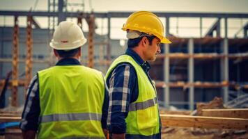 ai generado un hombre en un naranja la seguridad chaleco y difícil sombrero mirando a el construcción sitio foto