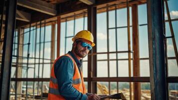 AI generated a man in an orange safety vest and hard hat looking at the construction site photo