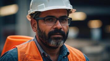 ai generado un hombre en un naranja la seguridad chaleco y difícil sombrero mirando a el construcción sitio foto