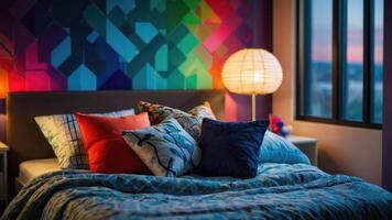 AI generated Comfortable bed in vibrant modern children's room photo