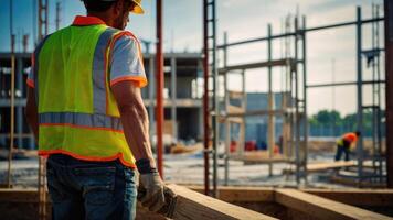 AI generated a man in an orange safety vest and hard hat looking at the construction site photo