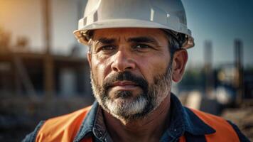 ai generado un hombre en un naranja la seguridad chaleco y difícil sombrero mirando a el construcción sitio foto