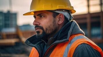 AI generated a man in an orange safety vest and hard hat looking at the construction site photo