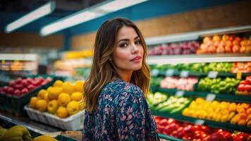 ai generado hermosa mujer en el Fresco Produce sección de el Tienda foto