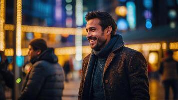 ai generado un hombre con un barba es sonriente y teniendo divertido en el ciudad foto