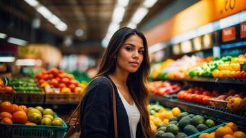 ai generado hermosa mujer en el Fresco Produce sección de el Tienda foto