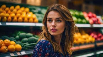 AI generated Beautiful woman in the Fresh Produce Section of the Store photo