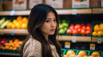 AI generated Beautiful woman in the Fresh Produce Section of the Store photo