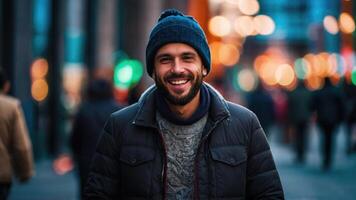 ai generado un hombre con un barba es sonriente y teniendo divertido en el ciudad foto