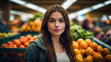 AI generated Beautiful woman in the Fresh Produce Section of the Store photo