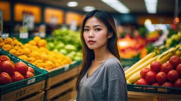 AI generated Beautiful woman in the Fresh Produce Section of the Store photo