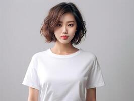 AI generated Portrait of a beautiful asian woman in white t-shirt. photo