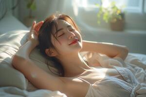 AI generated Beautiful young asian woman wake up in the morning with sunlight photo