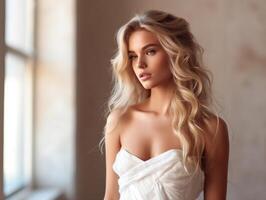 AI generated Beautiful young woman face with beauty skin make up. photo