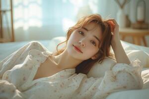 AI generated Beautiful young asian woman wake up in the morning with sunlight photo