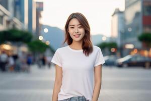 ai generado retrato de un hermosa asiático mujer en blanco camiseta foto