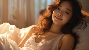 AI generated Beautiful young woman in pajamas sleeping in bed at early morning photo