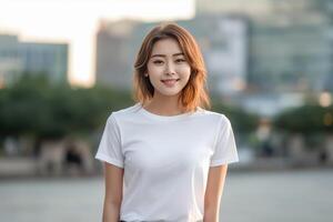 ai generado retrato de un hermosa asiático mujer en blanco camiseta. foto