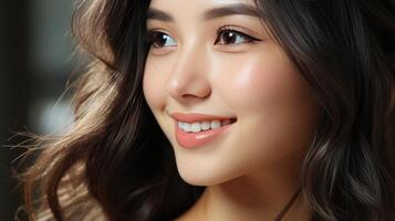 AI generated Close up of young woman smiling with perfect white teeth photo