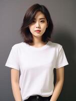 AI generated Portrait of a beautiful asian woman in white t-shirt. photo