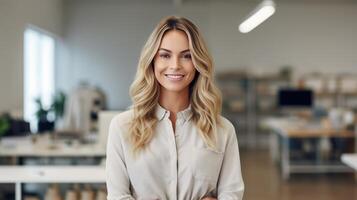 AI generated Portrait of smiling businesswoman in the office background photo