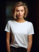 AI generated Beautiful young woman in blank white t-shirt. photo