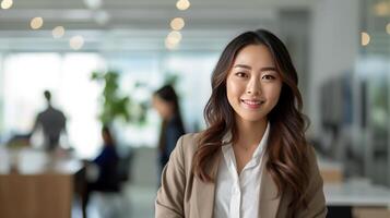 ai generado contento joven asiático mujer de negocios en el oficina antecedentes. foto