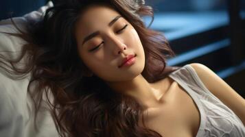 AI generated Young asian woman sleeping well in bed. photo