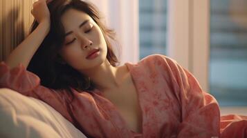 AI generated Young asian woman sleeping well in bed. photo