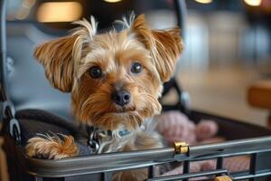 AI generated cute dog in a travel carrier box. ai generated photo