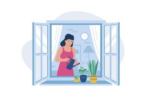 Happy girl watering pot plants vector