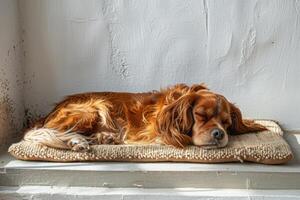 AI generated Cute relaxed dog lying on cool mat in hot day , white wall background, summer heat. ai generated photo