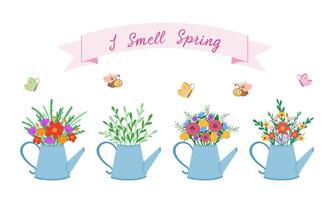 flowers in watering can, set. I smell spring. Illustration for printing, backgrounds, covers and packaging. Image can be used for cards, posters and stickers. Isolated on white background. vector