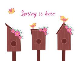 birdhouse with little birds set, spring is here. Illustration for printing, backgrounds, covers and packaging. Image can be used for cards, posters and stickers. Isolated on white background. vector