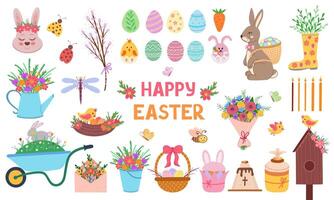 Big Collection of Happy Easter Objects. Illustration for printing, backgrounds, covers and packaging. Image can be used for cards, posters, stickers and textile. Isolated on white background. vector