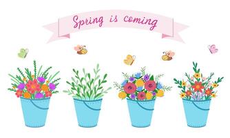 bucket set with flowers , spring is coming. Illustration for printing, backgrounds, covers and packaging. Image can be used for cards, posters and stickers. Isolated on white background. vector