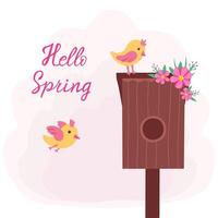 hello spring, birdhouse with birds. Illustration for printing, backgrounds, covers and packaging. Image can be used for greeting card, poster, sticker and textile. Isolated on white background. vector